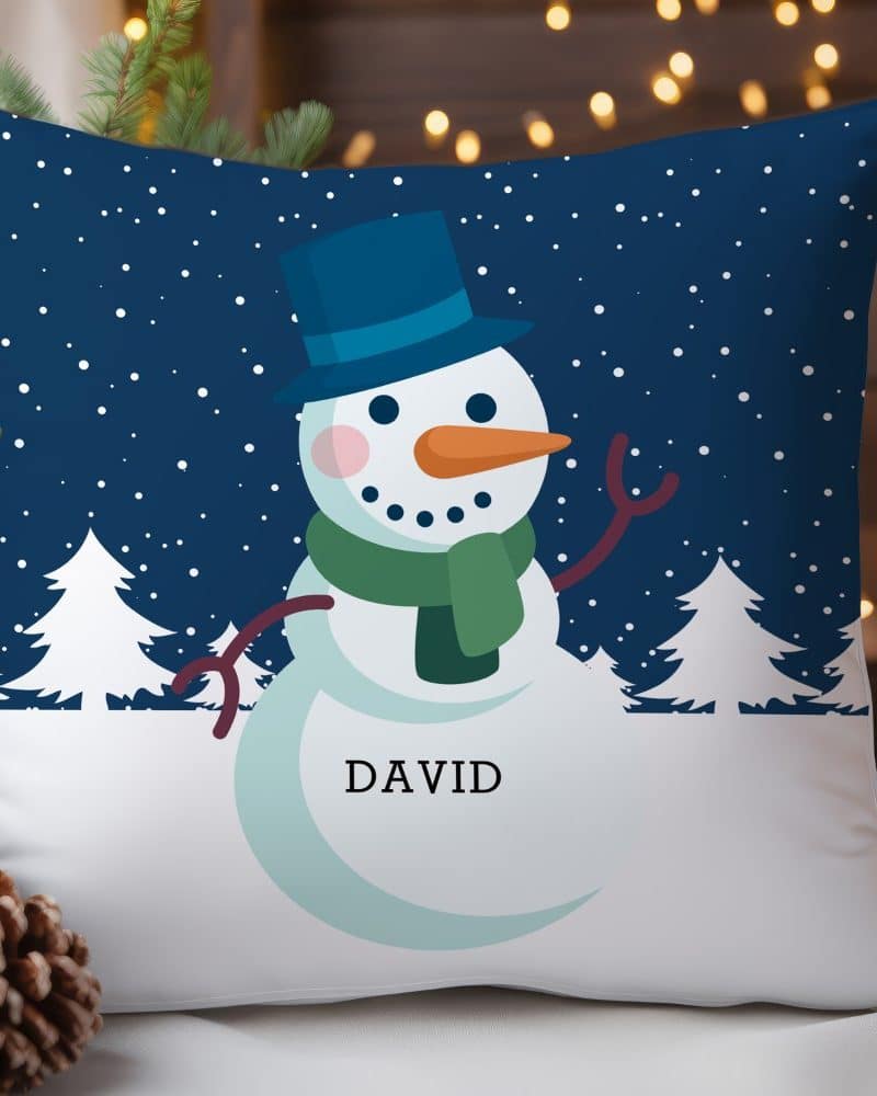 A throw pillow featuring a cartoon snowman wearing a top hat and scarf; the name David is printed below the snowman.