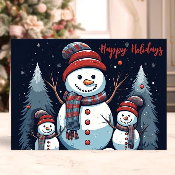 Happy Holidays Card Featuring A Large Snowman And Two Smaller Snowmen In Front Of Evergreen Trees.