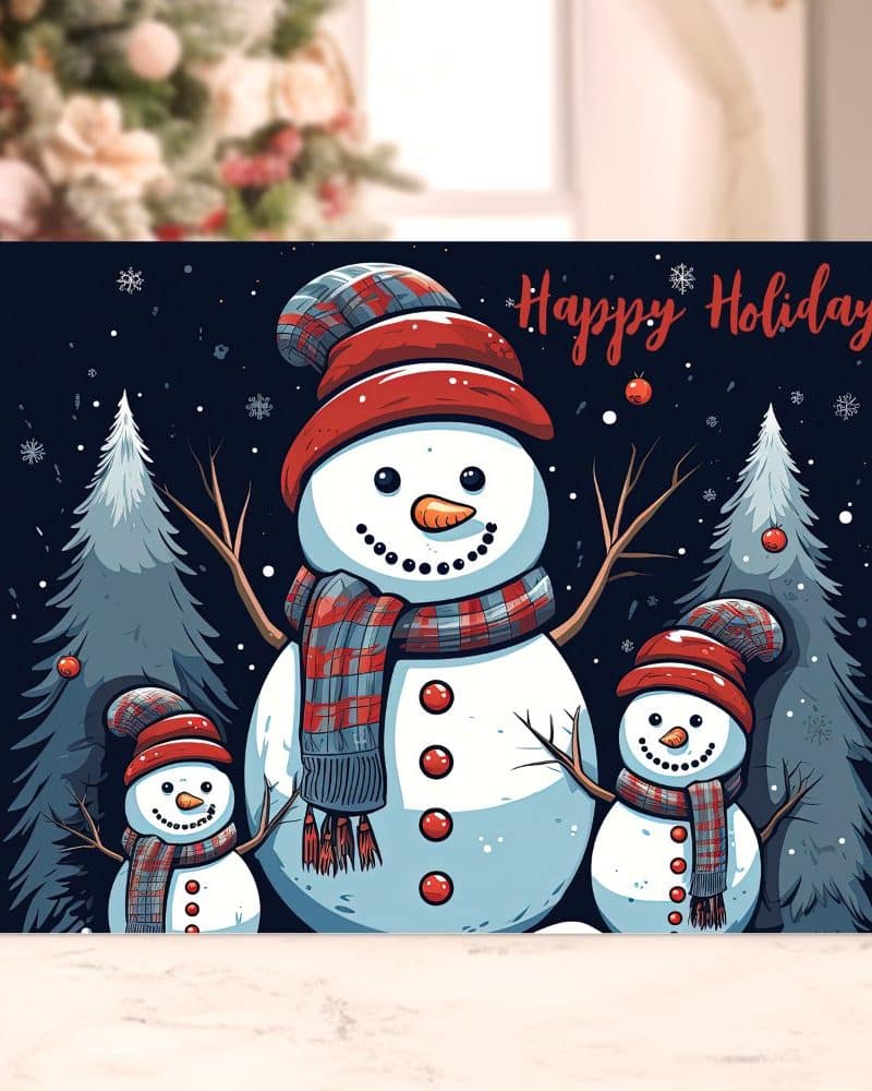 Happy Holidays card featuring a large snowman and two smaller snowmen in front of evergreen trees.