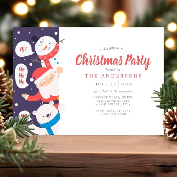 Christmas Party Invitation Featuring Santa, A Snowman, And A Polar Bear.