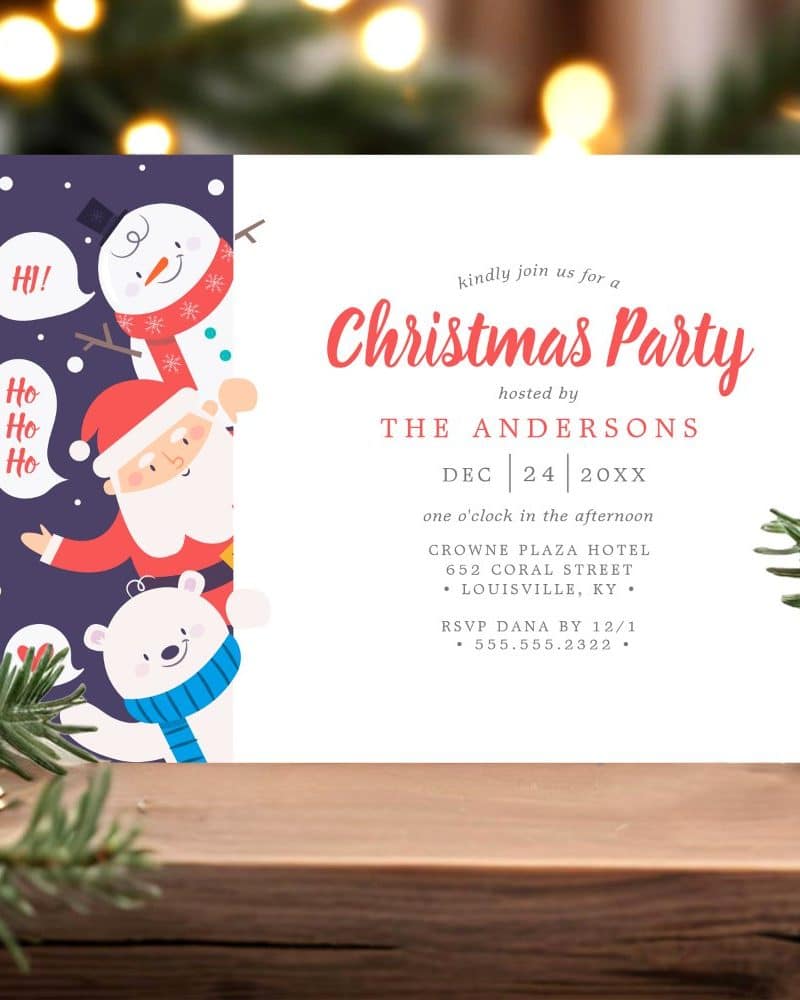 Christmas party invitation featuring Santa, a snowman, and a polar bear.