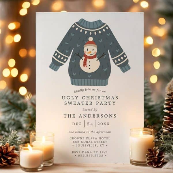 Christmas Sweater Party Invitation With A Cartoon Sweater Featuring A Snowman.