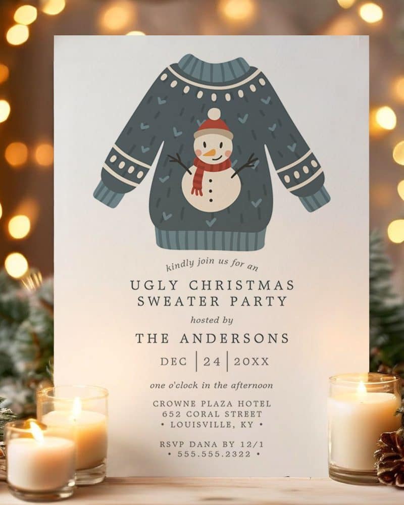 Christmas sweater party invitation with a cartoon sweater featuring a snowman.