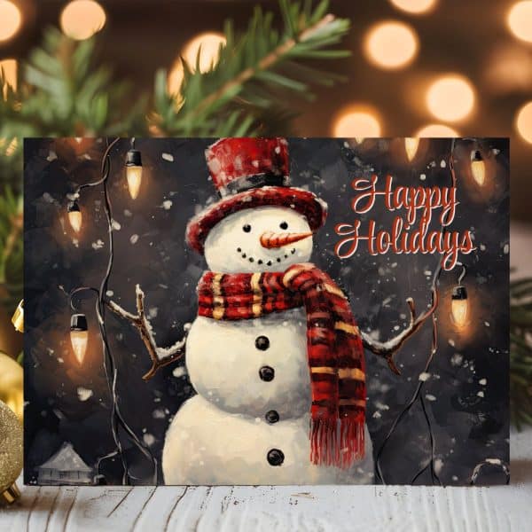A Painted Snowman Wearing A Red Hat And Scarf Stands In A Snowy Scene With String Lights. Happy Holidays Is Written Above The Snowman.