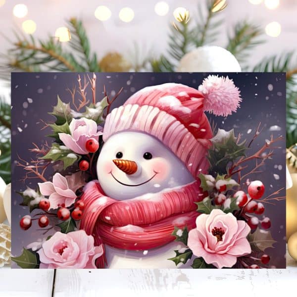 Smiling Snowman Wearing A Pink Hat And Scarf Surrounded By Pink Flowers And Berries.