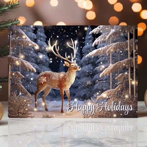 A Holiday Greeting Card Featuring A Deer Standing In A Snowy Forest At Night.