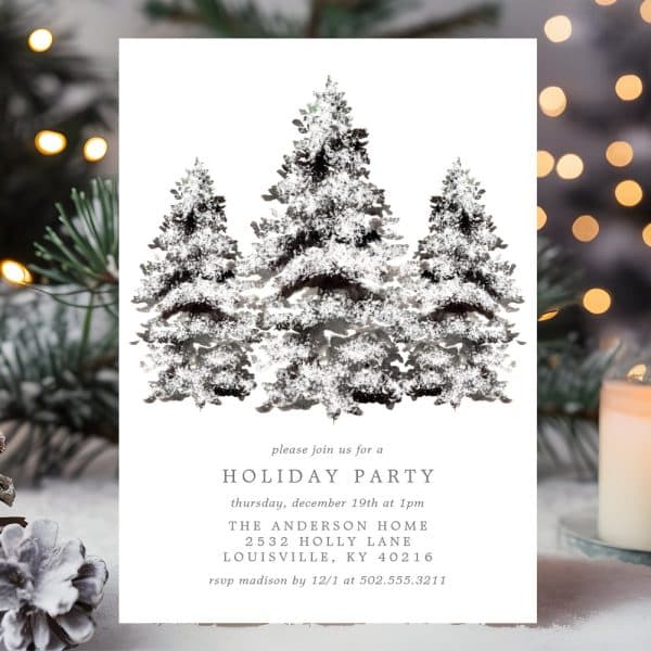 Snowy Evergreen Trees On A Holiday Party Invitation.