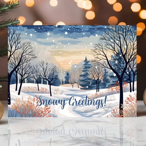 Snowy Winter Scene Greeting Card With The Words Snowy Greetings.