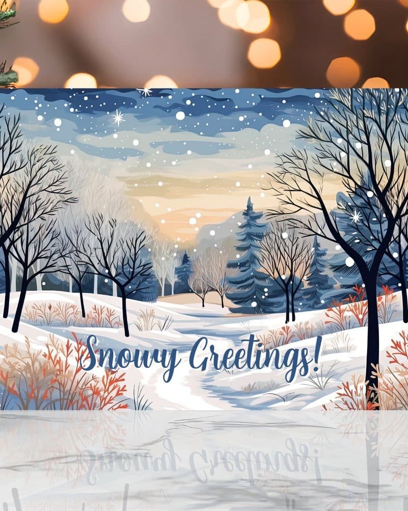 Snowy winter scene greeting card with the words Snowy Greetings.