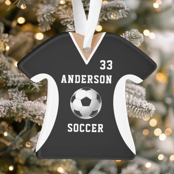 Black Soccer Jersey-Shaped Christmas Ornament With The Name Anderson, Number 33, And A Soccer Ball.