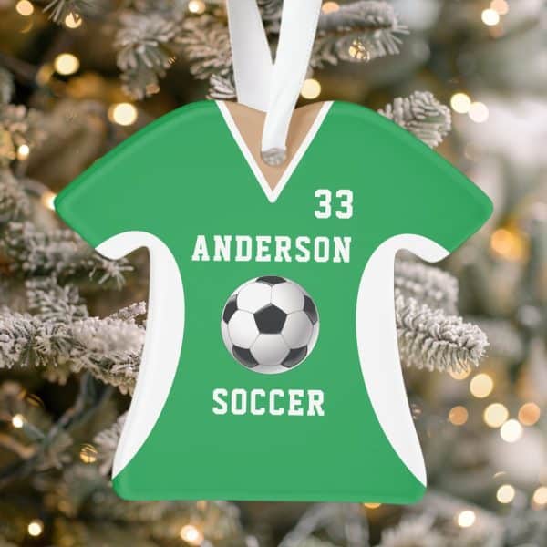 Green Soccer Jersey-Shaped Christmas Ornament With The Name Anderson, Number 33, And A Soccer Ball.