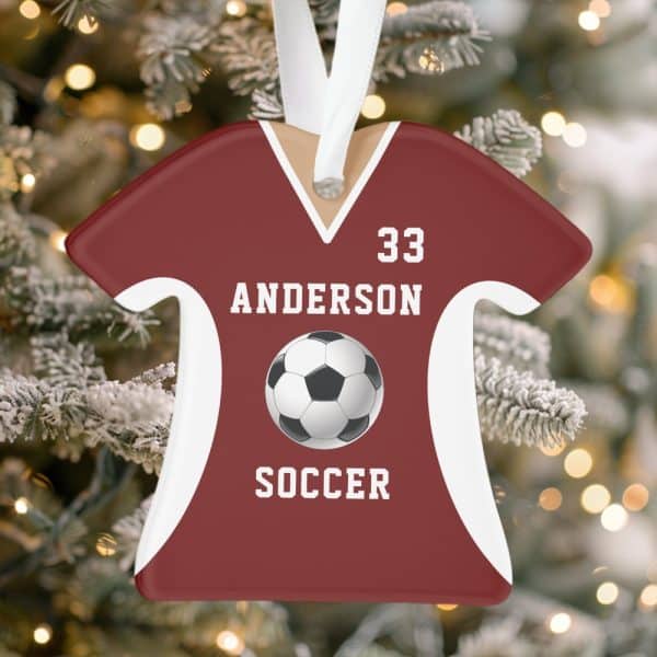 A Maroon Soccer Jersey-Shaped Christmas Ornament With The Name Anderson, Number 33, And A Soccer Ball.
