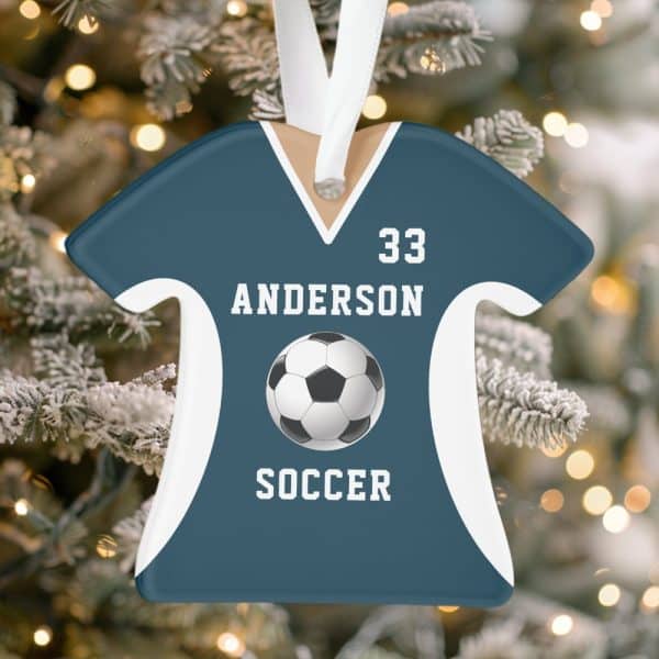 Blue Soccer Jersey Ornament With The Name Anderson And Number 33, A Soccer Ball, And The Word Soccer.