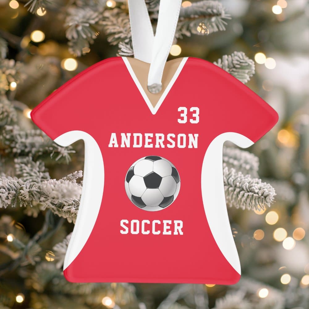 Red Soccer Jersey-Shaped Christmas Ornament With The Name Anderson, Number 33, And A Soccer Ball.