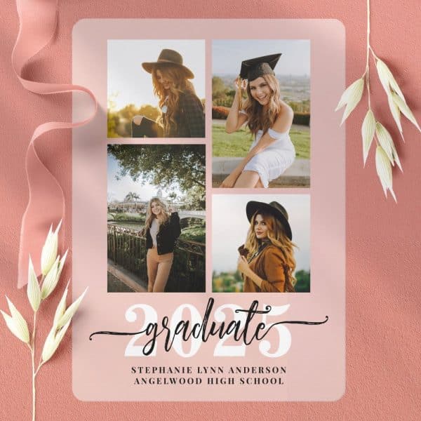 Pink Graduation Announcement With Four Photos Of The Graduate And The Year 2025. The Graduate'S Name And High School Are Listed Below.