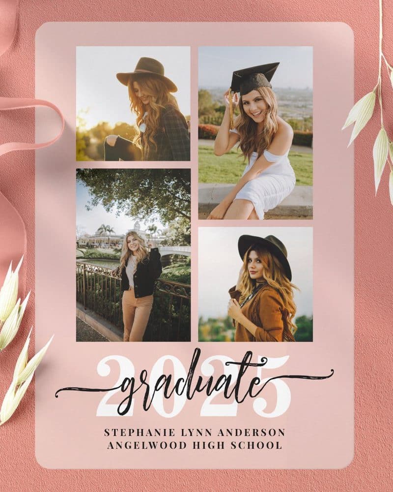 Pink graduation announcement with four photos of the graduate and the year 2025. The graduate's name and high school are listed below.