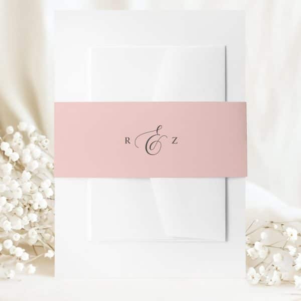 Wedding Invitation With A Blush Pink Band And A Monogram.