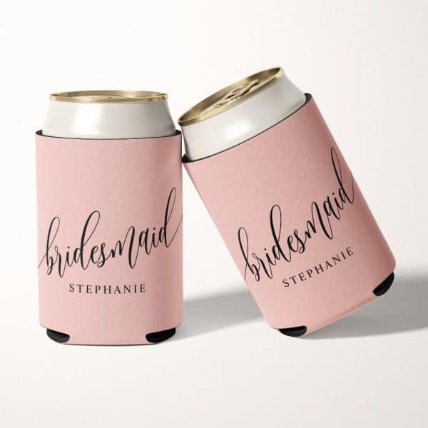 Two Pink Bridesmaid Can Coolers With The Name Stephanie.