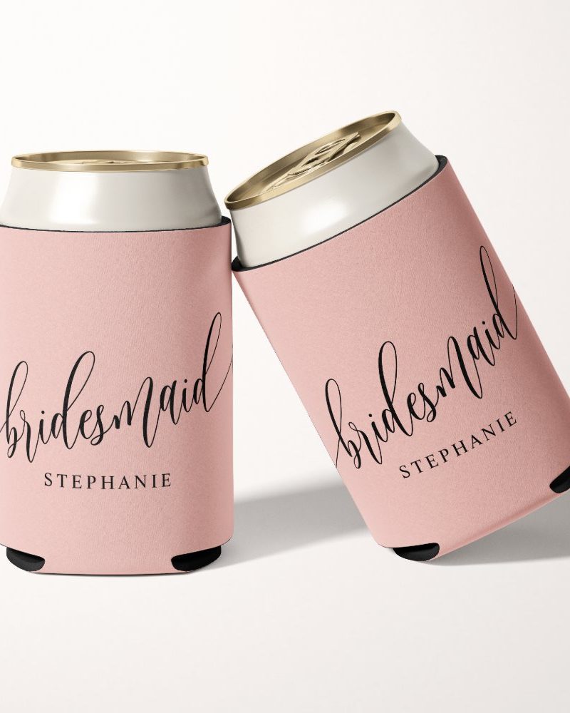 Two pink bridesmaid can coolers with the name Stephanie.