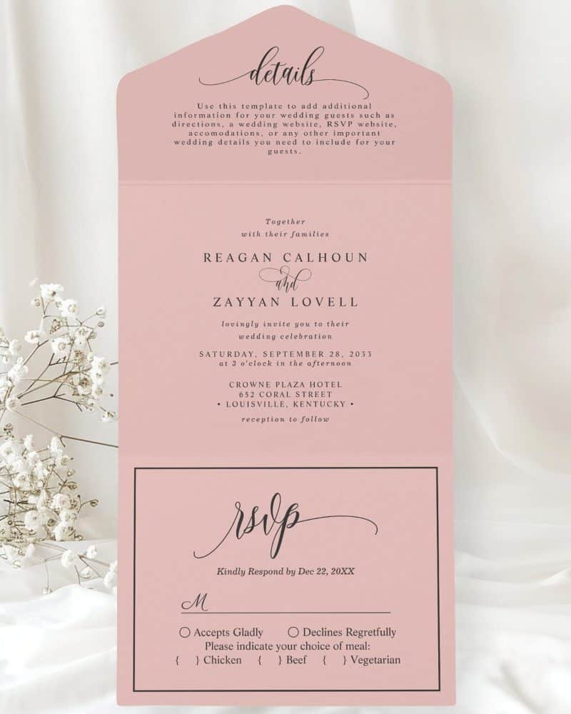 Pink wedding invitation with RSVP card featuring Reagan Calhoun and Zayyan Lovell's wedding details.