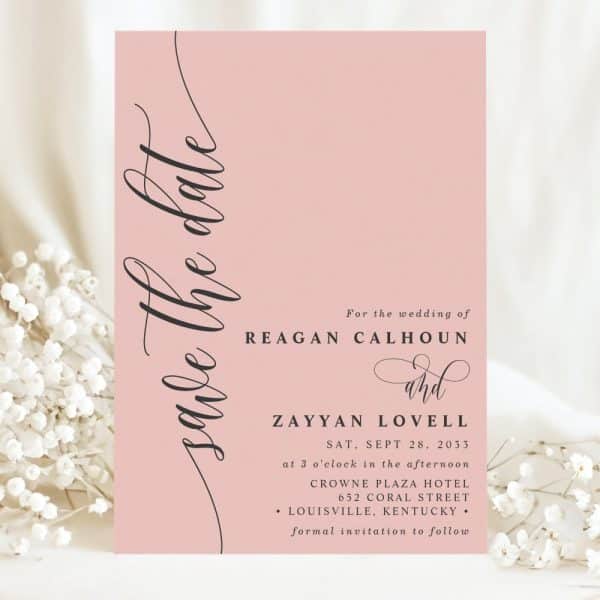 Pink Save-The-Date Announcement For The Wedding Of Reagan Calhoun And Zayyan Lovell.