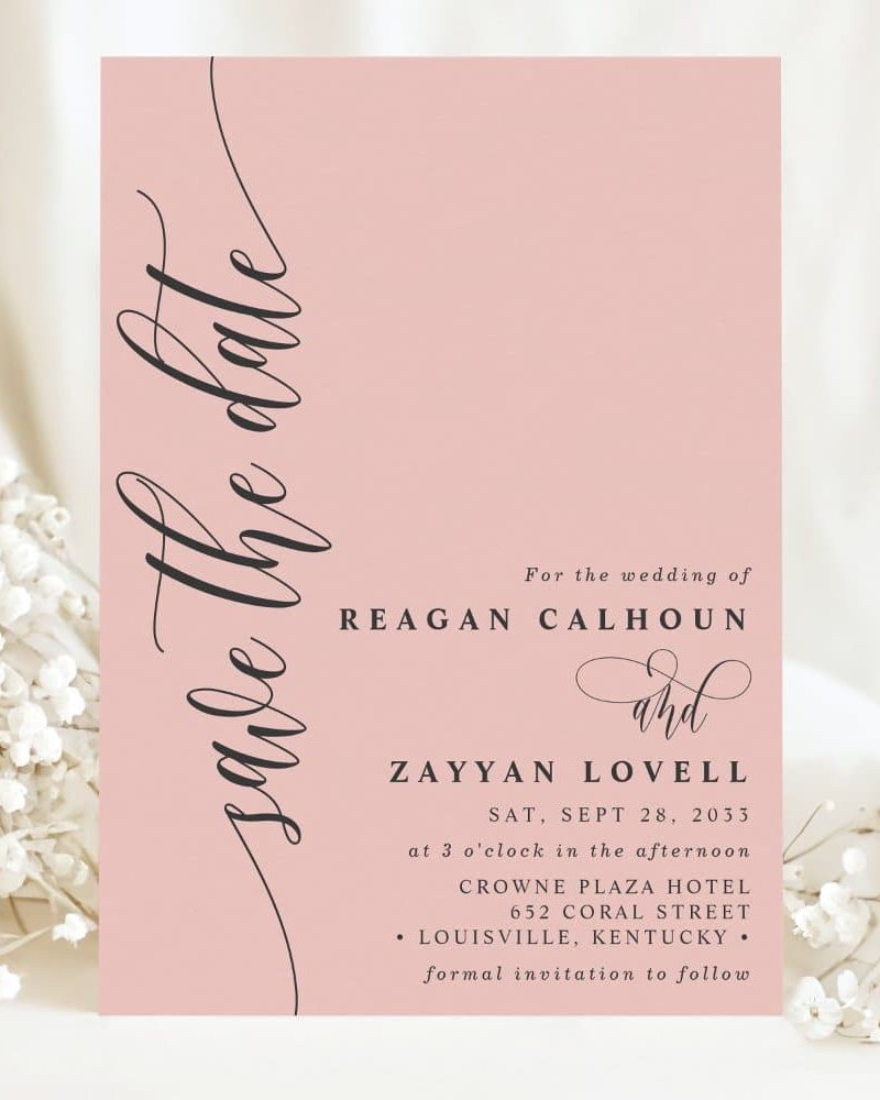 Pink save-the-date announcement for the wedding of Reagan Calhoun and Zayyan Lovell.