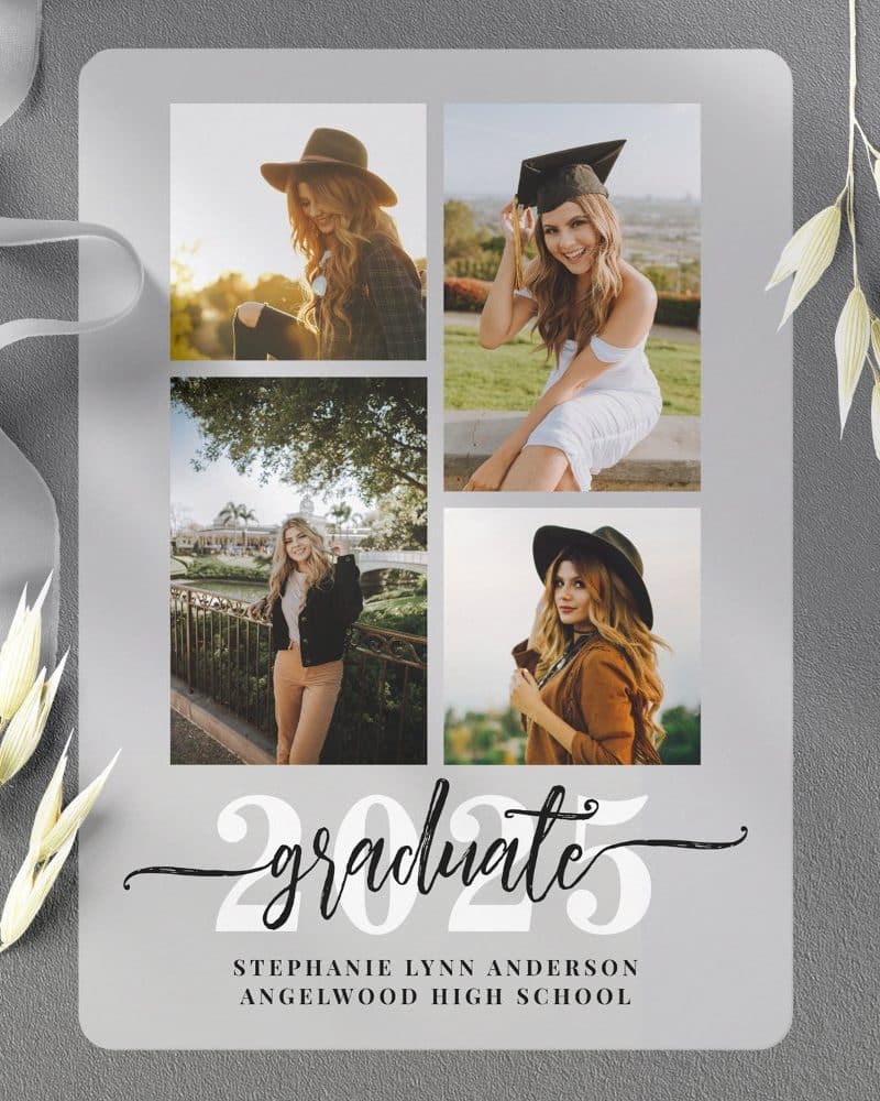Graduation announcement with four photos of the graduate in different settings, and the year 2025.