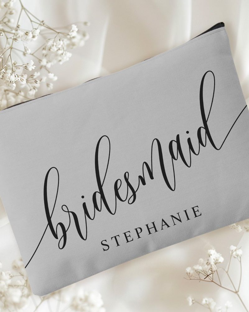 Soft Gray Bridesmaid Modern Calligraphy Accessory Pouch