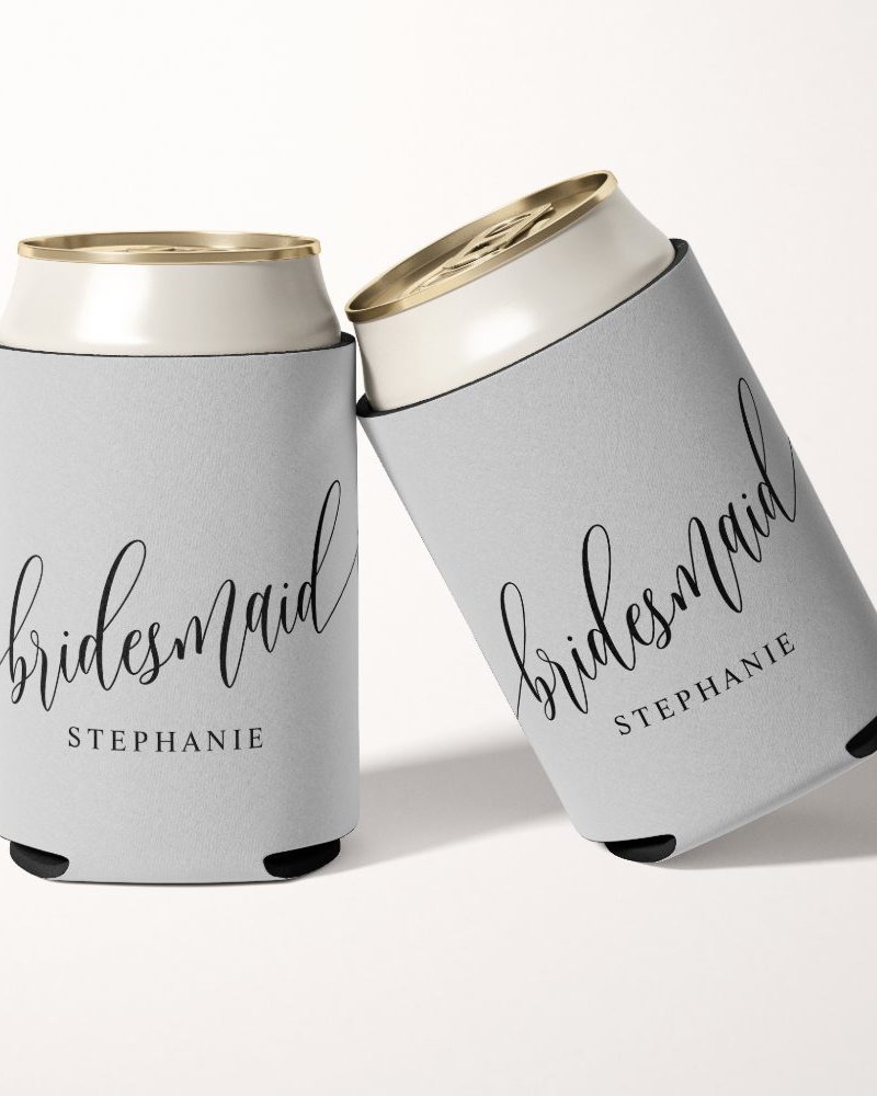 Soft Gray Bridesmaid Modern Script  Can Cooler