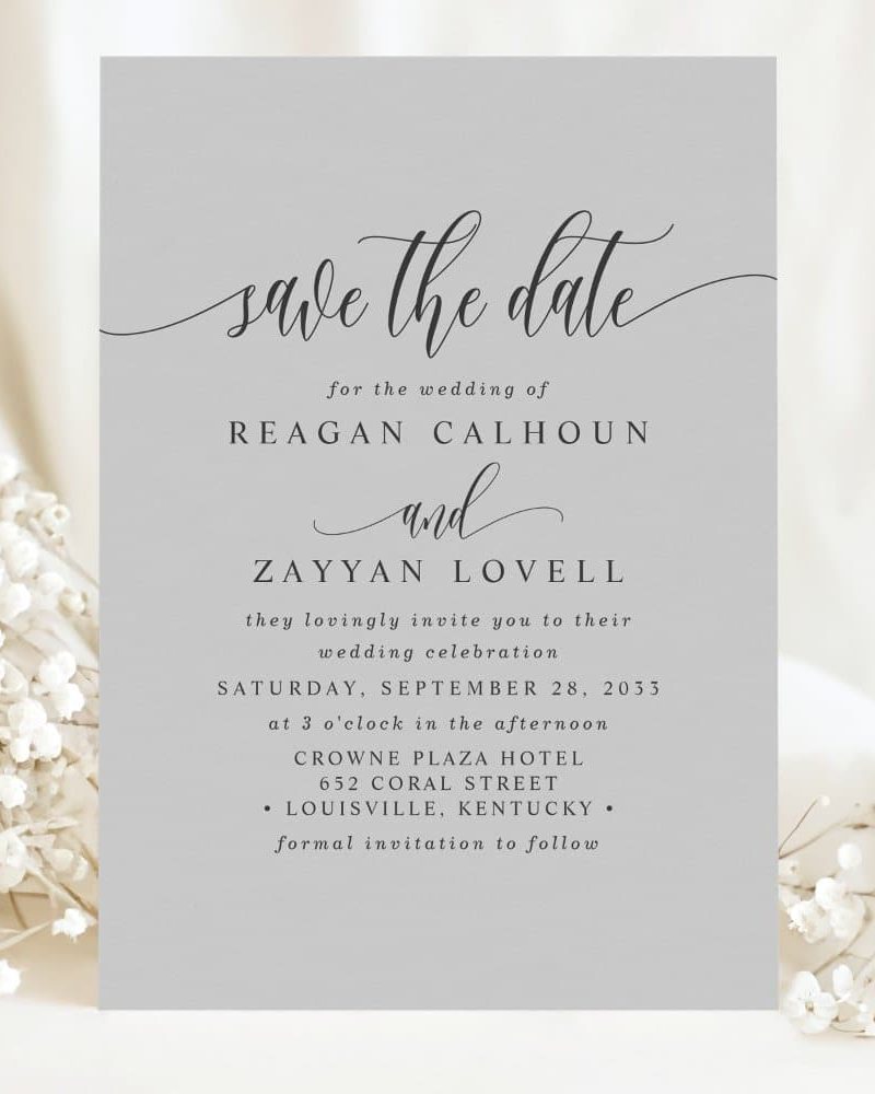 Save the date for the wedding of Reagan Calhoun and Zayyan Lovell, September 28, 2033, at the Crowne Plaza Hotel in Louisville, Kentucky.
