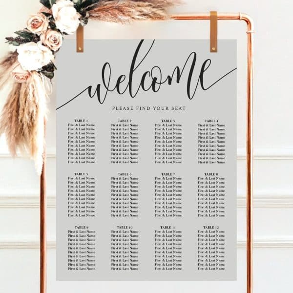 Wedding Seating Chart With Twelve Tables Listed, Each With Multiple Guest Names.