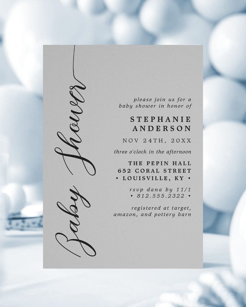 Baby shower invitation for Stephanie Anderson. The event is on November 24th at The Pepin Hall in Louisville, Kentucky.