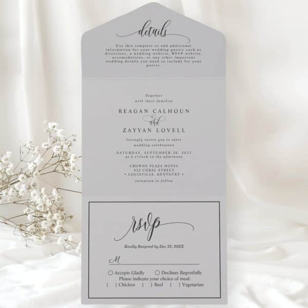 Gray Wedding Invitation With Rsvp Details For Reagan Calhoun And Zayyan Lovell'S Wedding On September 28, 2033, At The Crowne Plaza Hotel In Louisville, Kentucky.