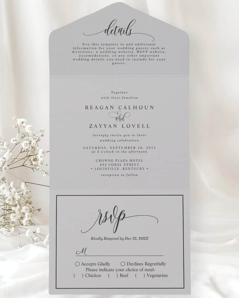 Gray wedding invitation with RSVP details for Reagan Calhoun and Zayyan Lovell's wedding on September 28, 2033, at the Crowne Plaza Hotel in Louisville, Kentucky.