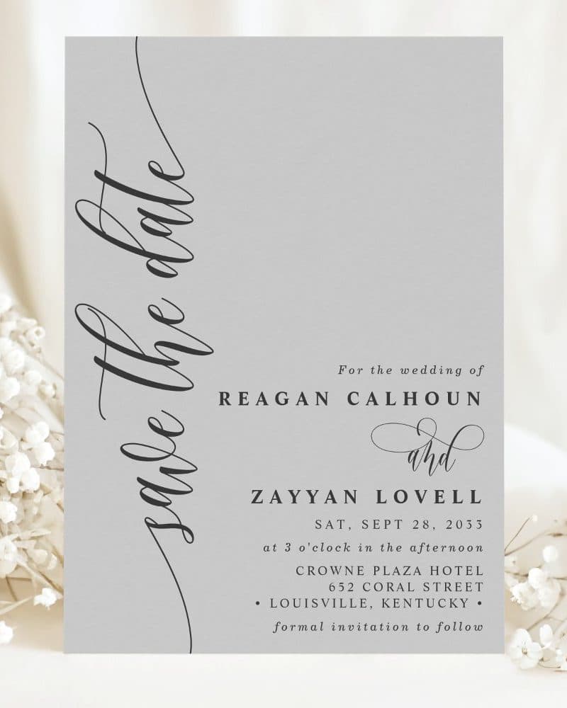 Save the date for the wedding of Reagan Calhoun and Zayyan Lovell, September 28, 2033, at the Crowne Plaza Hotel in Louisville, Kentucky.