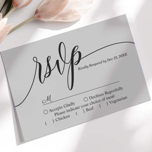 Gray Rsvp Card With Elegant Script Lettering, Offering Meal Choices And A Response Deadline.