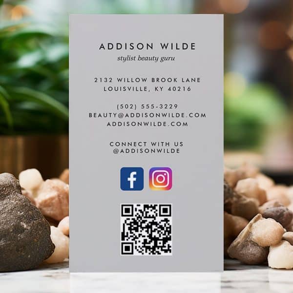 Addison Wilde Stylist Beauty Guru Business Card With Contact Information, Social Media Handles, And Qr Code.