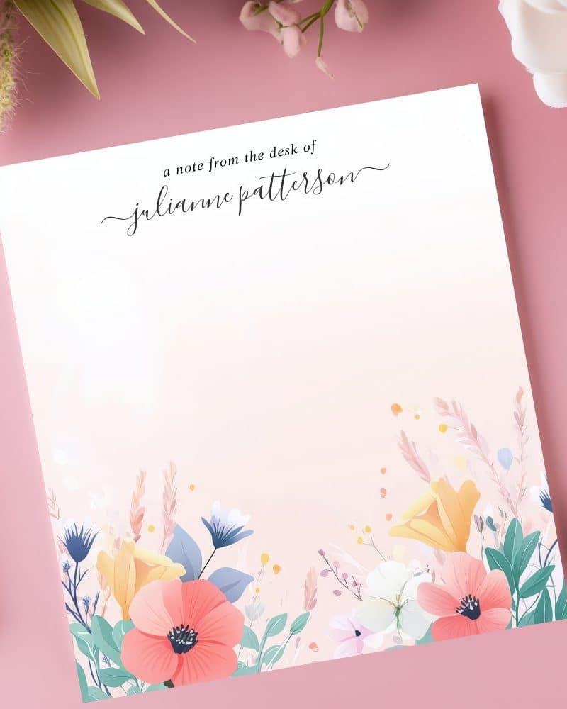 Floral stationery notepad with Julianne Patterson's name at the top.
