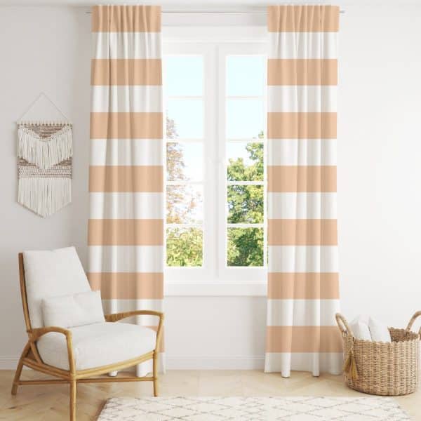 Peach And White Striped Curtains Hang In Front Of A Window.