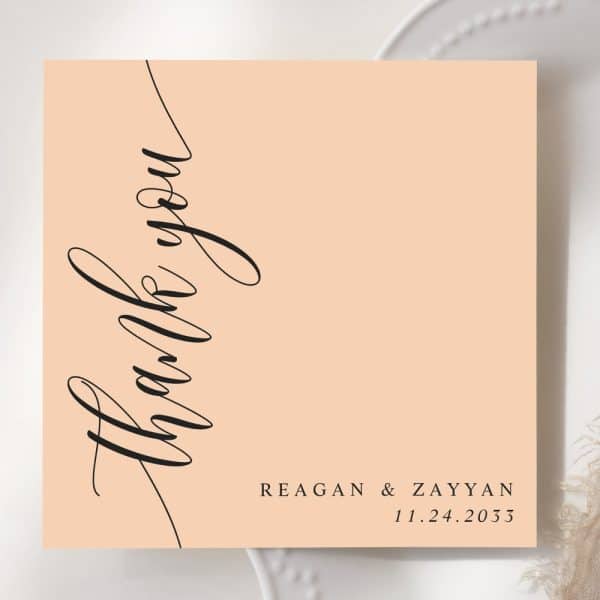 Peach-Colored Thank You Card With Elegant Script.