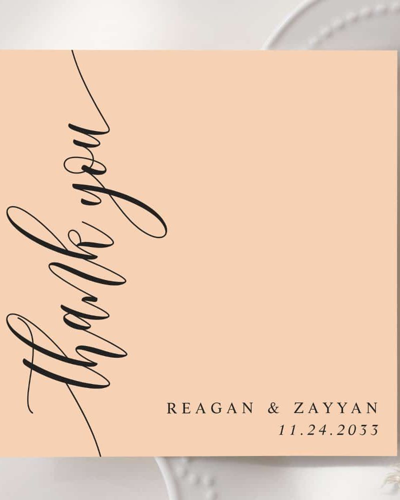 Peach-colored thank you card with elegant script.