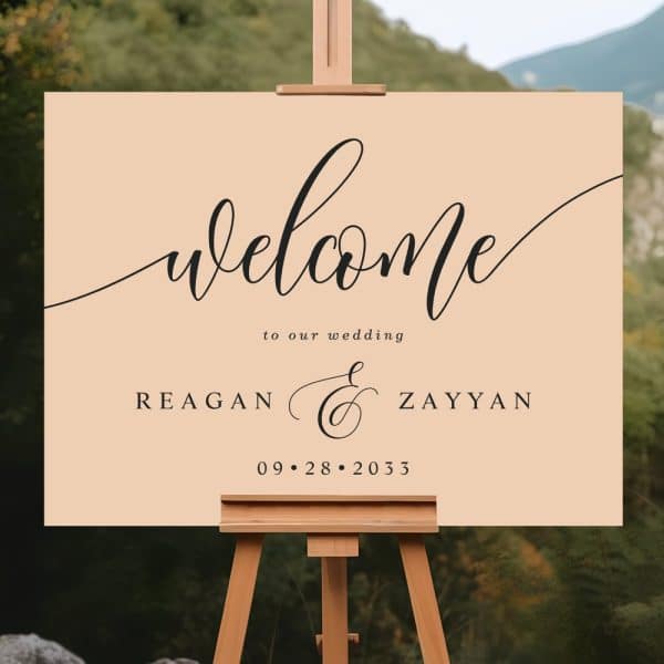 Beige Wedding Welcome Sign With Calligraphy Lettering For Reagan And Zayyan, September 28, 2033.