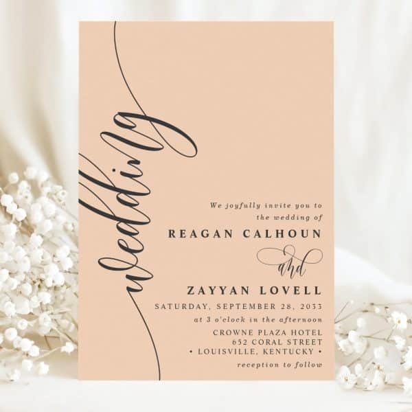 Peach-Colored Wedding Invitation For Reagan Calhoun And Zayyan Lovell, September 28, 2033, At The Crowne Plaza Hotel In Louisville, Kentucky.