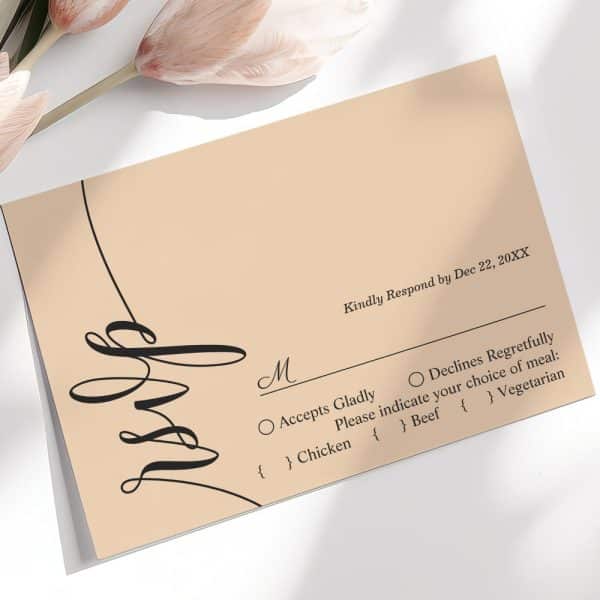Peach-Colored Rsvp Card With Black Script Lettering And Meal Choices.