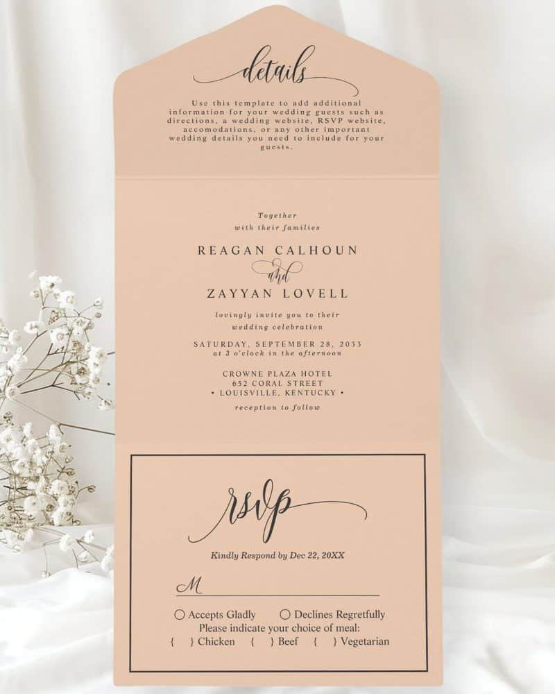 Peach-colored wedding invitation with the couple's names, date, time, and location, along with an RSVP section.