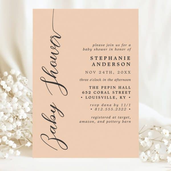 Peach-Colored Baby Shower Invitation For Stephanie Anderson.