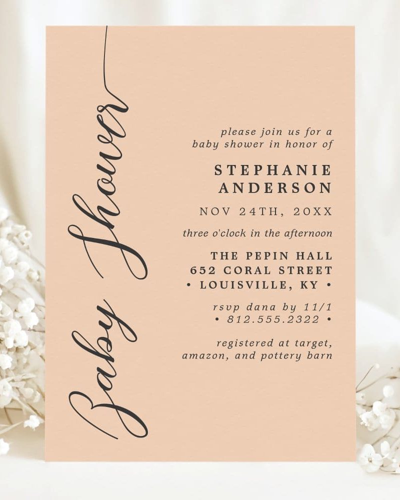 Peach-colored baby shower invitation for Stephanie Anderson.