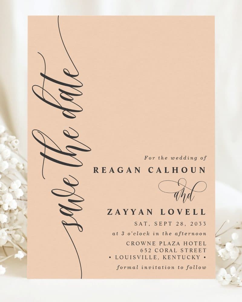 Peach-colored save-the-date card announcing the wedding of Reagan Calhoun and Zayyan Lovell.
