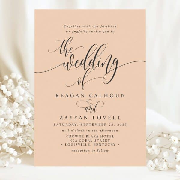 Wedding Invitation For Reagan Calhoun And Zayyan Lovell, September 28, 2033, At The Crowne Plaza Hotel In Louisville, Kentucky.