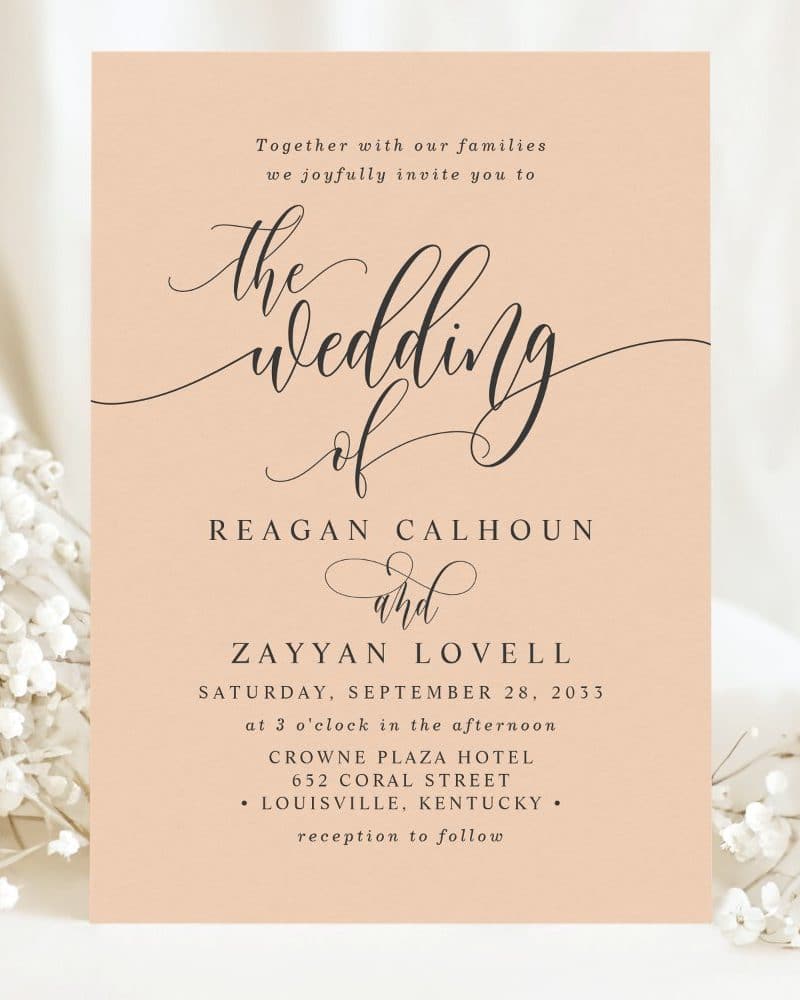 Wedding invitation for Reagan Calhoun and Zayyan Lovell, September 28, 2033, at the Crowne Plaza Hotel in Louisville, Kentucky.